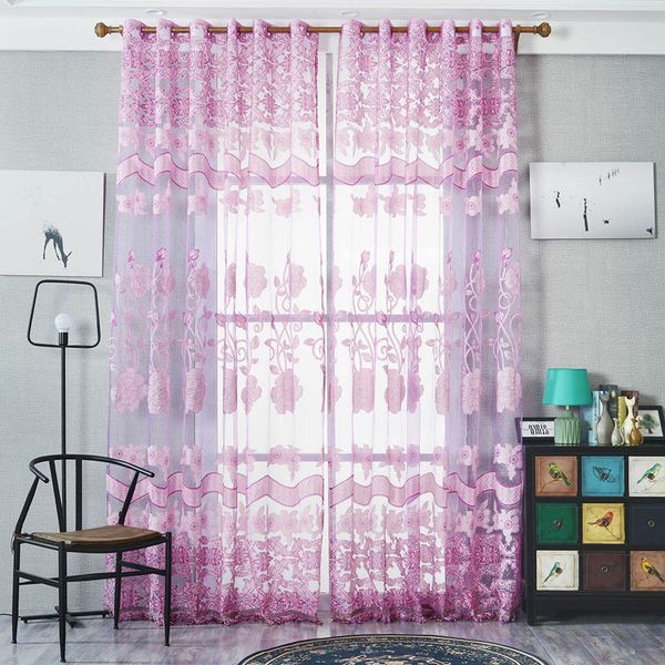 1x2 5m Floral Tulle Curtains Door Window Screening Drape Scarf Sheer Curtains For Living Room Bedroom Kitchen Door Windows Curtain Holdbacks Black And