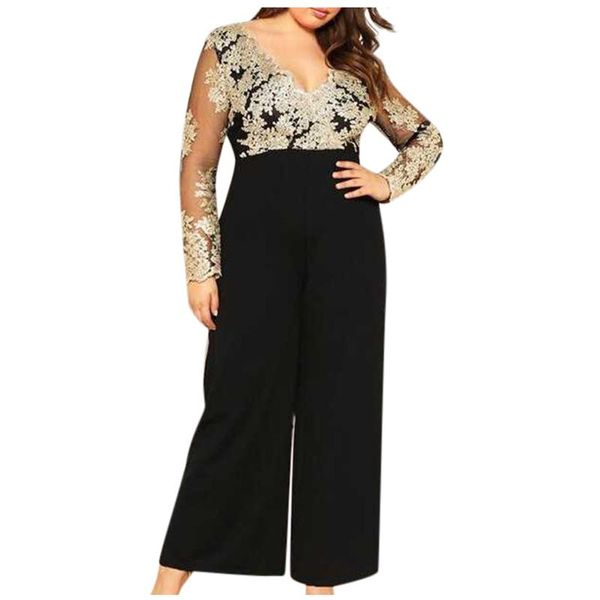 

plus size black elegant embroidery sheer mesh off shoulder workwear long sleeve straight leg jumpsuit autumn women jumpsuit, Black;white