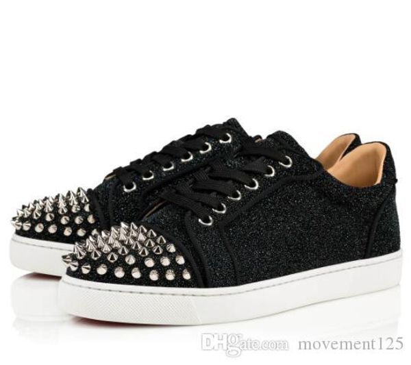 

white glitter pacthwork leather gold spikes red bottom sneakers shoes for women,men studs round toe red sole casual walking original box, Black