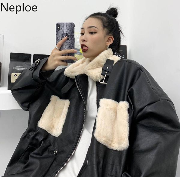

neploe autumn winter women pu leather jacket fur patchwork stand neck coat 2019 harajuku motorcycle jackets thicken parkas 55255, Black