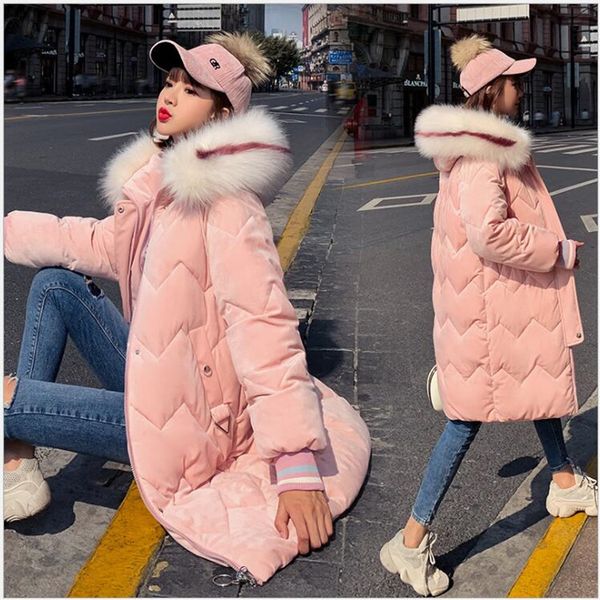 

winter jacket 2019 new women's long velvet jacket big fur collar women parka outerwear female hooded warm coat r329, Black