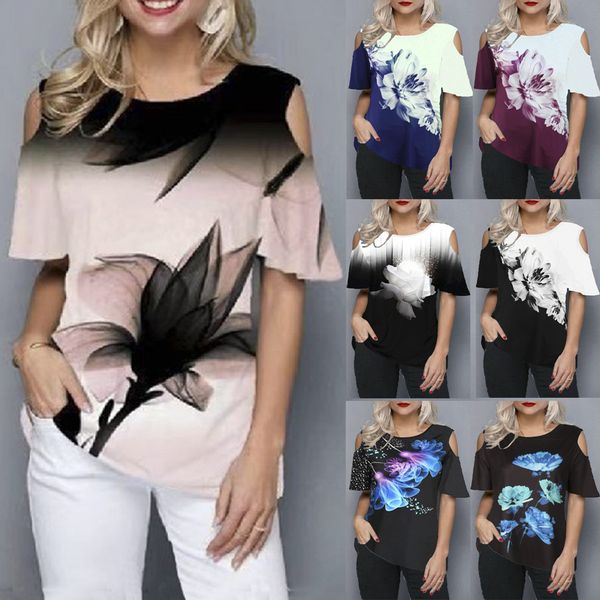 

spring and summer new explosions ladies 2021 loose 3d flower print round neck strapless short-sleeved t-shirt, White