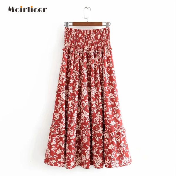 

skirts 2021 chic fashion floral print ruffled maxi skirt vintage high elastic waist smocked female faldas mujer, Black