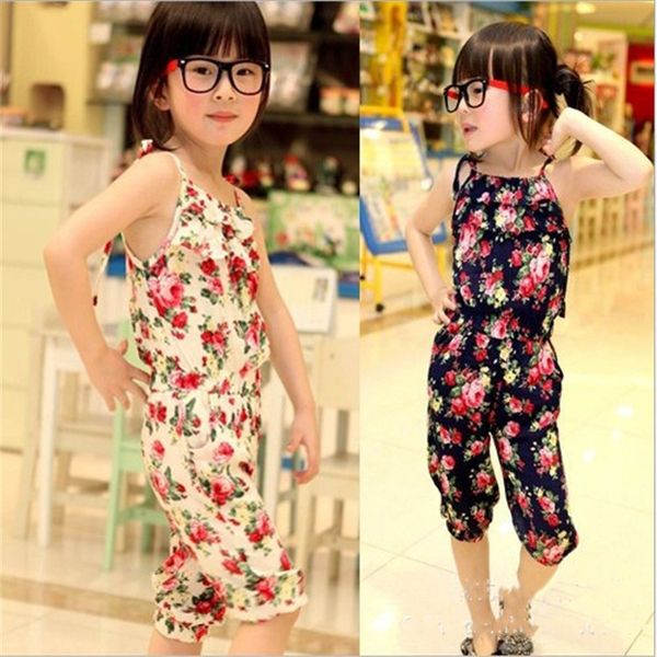 

kids designer clothes girls floral jumpsuit suspender trousers pant 100% cotton flower print kids summer outfit baby clothes dhl fj134, Blue