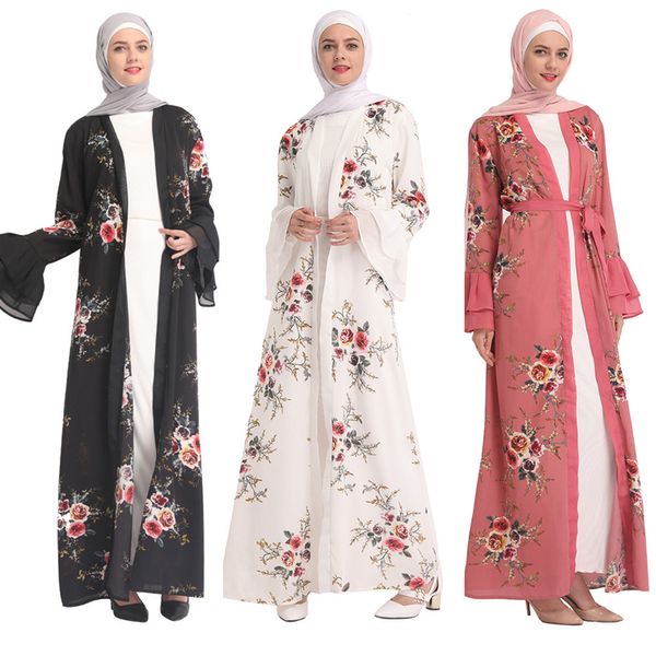 

chiffon abaya flowers turkey hijab muslim dress kaftan dubai abayas women ramadan caftan marocain jilbab robe islamic clothing, Red