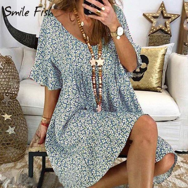 

2020 new women bohemian summer mini loose dress v-neck floral sundress female sweet casual dressess slim flare sleeve g1564, Black;gray
