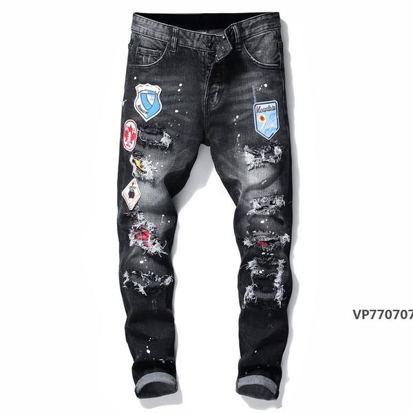 

mens badge rips stretch black jeans fashion slim fit washed motocycle denim pants panelled hip hop trousers 10200, Blue
