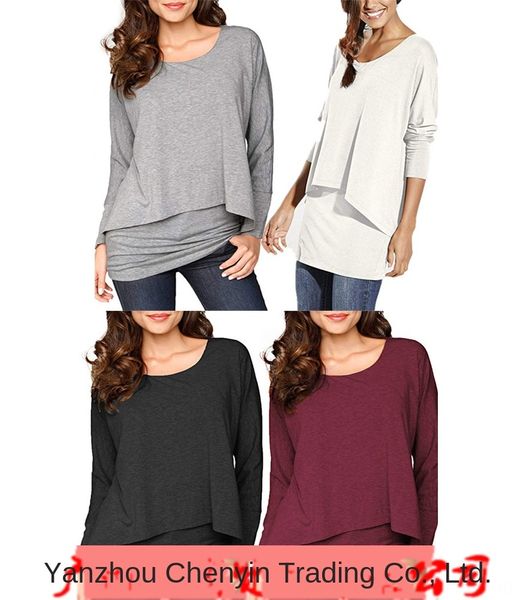 

autumn t-shirt round collar 2 in 1 irregular casual loose long sleeve t-shirt large size women's four color five size, White