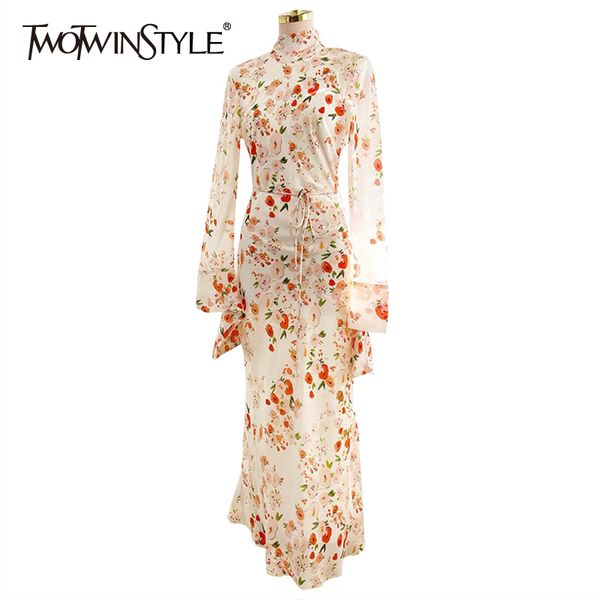 

twotwinstyle white print floral dress for women turtleneck lace up high waist vintage dresses female 2020 autumn fashion new, Black;gray