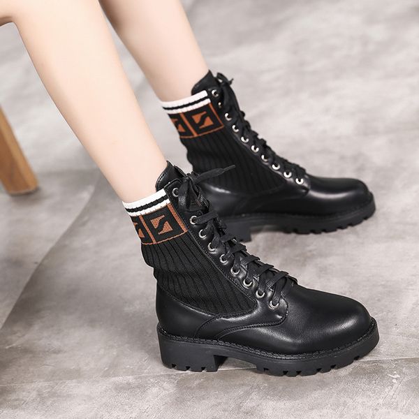 

knit boots female 2019 autumn ins round head strap thick platform boots wild motorcycle increased women's shoes, Black