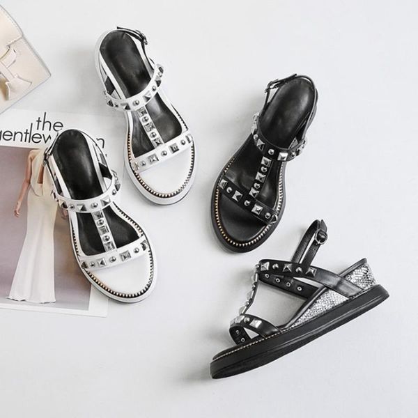 

roman sandals female summer flat bottom with thick bottom muffin wedge with 2019 new word buckle wild student tide, Black