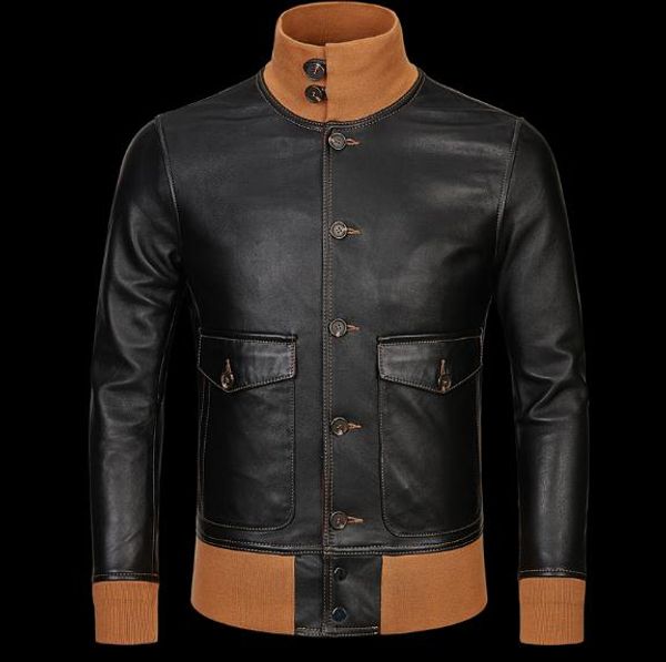 

mens classic a1 leather jacket,vintage genuine sheepskin coat.thin soft black men jackets.flight clothing