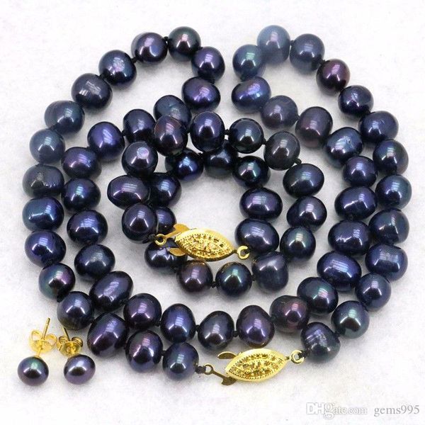 

black pearl necklace sets fish clasp 8-9mm necklace 18"bracelet 7.5" earring