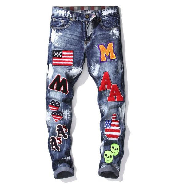

мужские мульти патчи письмо вышитый значок флага сша прямые джинсы промытые маслом синие байкерские джинсы тонкие хип хоп брюки 896, Blue