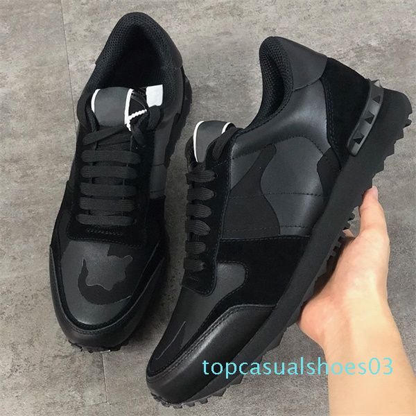 

colors rockrunner sneakers men women real leather flat trainers designer camouflage lace-up platform causal shoes t03, Black