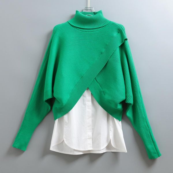 

women's autumn and winter turtleneck sweater + white shirt two-piece bat sleeve mid-length sweater women, White;black