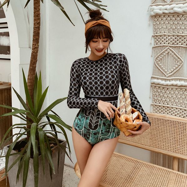 

2019 backless print one piece women swimsuit surfing plus size thong swimwear push up padded long sleeves swimsuit, White;black