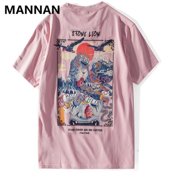 

mannan chinese lion printed streetwear t shirts 2019 mens harajuku hip hop casual street tees male cotton tshirts, White;black