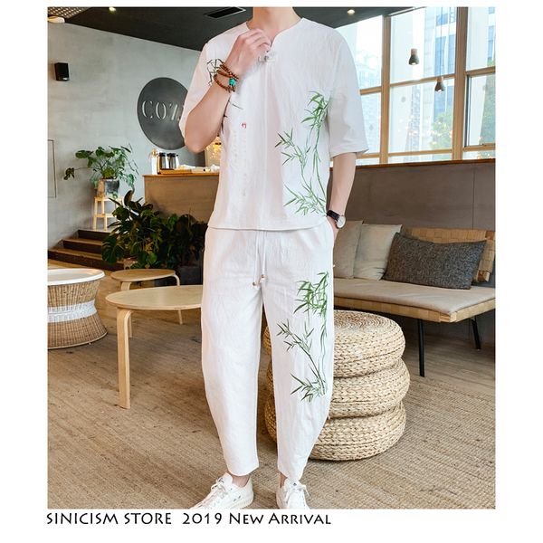 

sinicism store bamboo embroidery tracksuit men 2019 mens summer linen sweatsuits male streetwear chinese vintage 2 piece sets, Gray