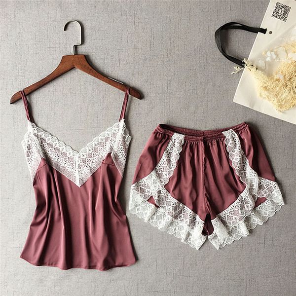

summer ladies v-neck satin lace stitching pajamas set short straps solid color sling high waist elastic shorts suit, Black;red