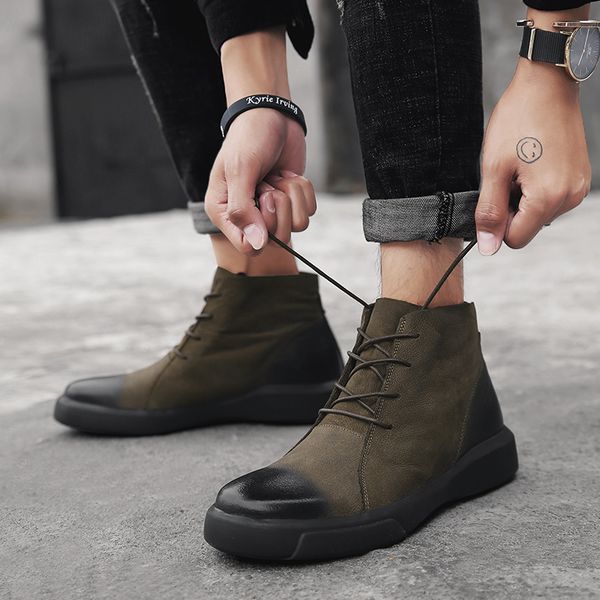 

men ankle boots casual outdoor lace up cowhide booties for male, Black