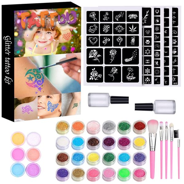 

glitter tattoo set temporary tattoo kit-30 large glitter colors body nail art paint birthday party gifts