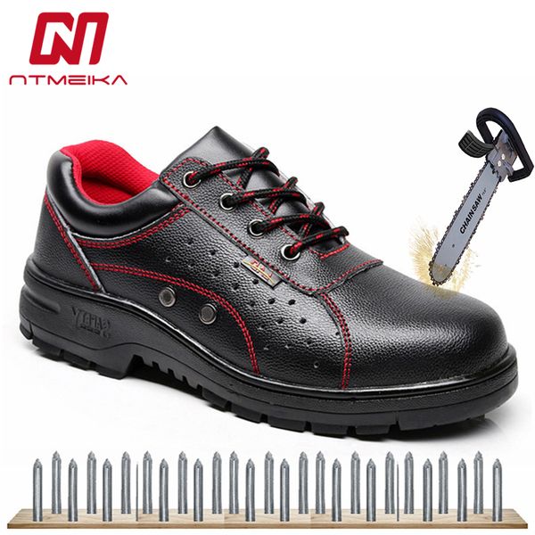 

men's breathable safety shoes steel toe genuine leather work shoes for men lace up combat boots safety boots mb24, Black