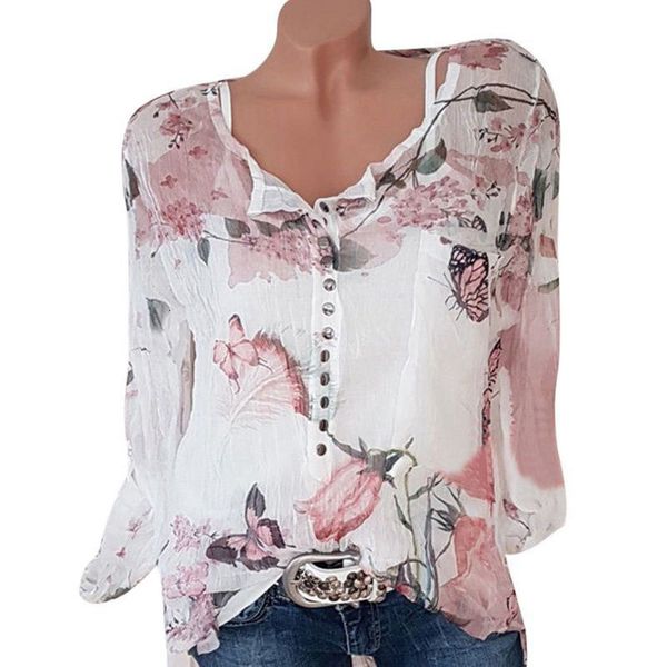 

woman women blouses spring autumn long sleeve print casual v neck button shirts female blouse plus size 5xl, White