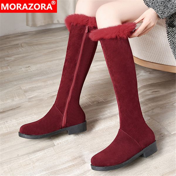 

morazora 2020 big size 34-48 fashion winter snow boots low heel round toe knee high boots keep warm solid color women, Black