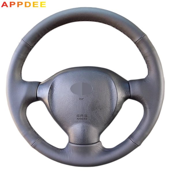 

appdee black leather hand -stitched car steering wheel cover for santa fe