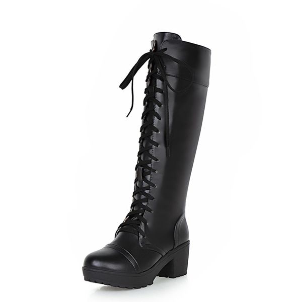 

kalenmos women boots block heel platform lace up motorcycle boots autumn winter shoes ladies classic long plus size 33-46, Black