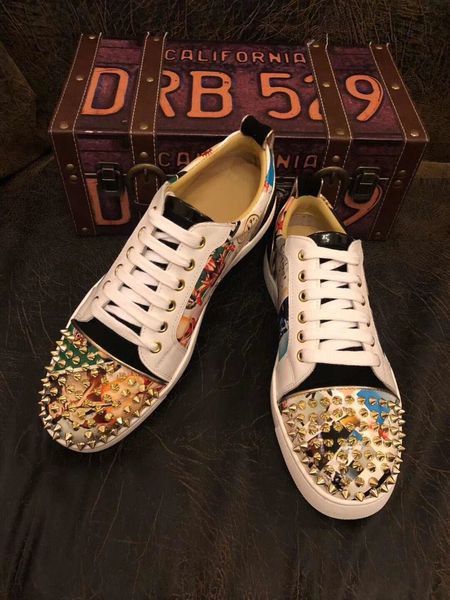 

red bottom sneakers men shoes luxury graffiti print studs low-multi-colored polkadot printed-patent leather -placed black spikes orlato