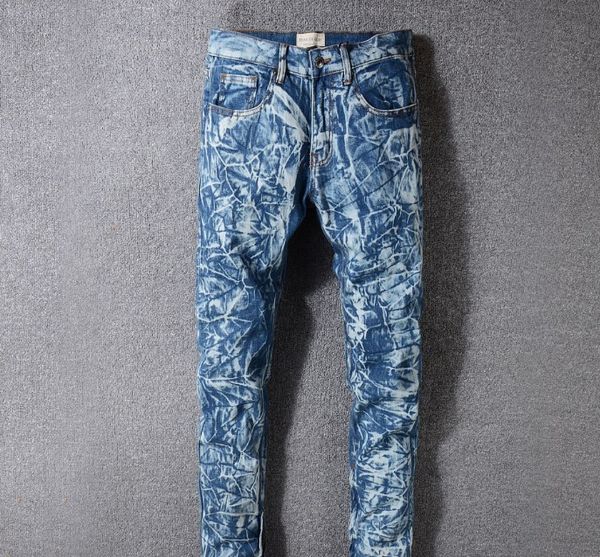 

mens designer jeans fashion brand blue water ripple denim pants folds distressed slim pencil pants motorcycle pants