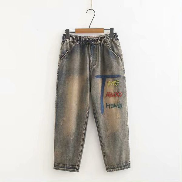 

plus size women jeans letter board work vintage denim broek, Blue