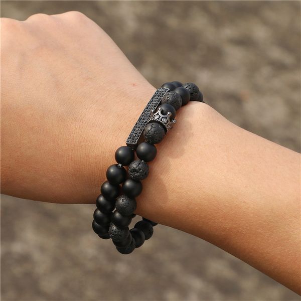 

fashion cz crown bar charm bracelet men natural stone handmade beaded bracelet sets for pulseira masculina feminina, Golden;silver