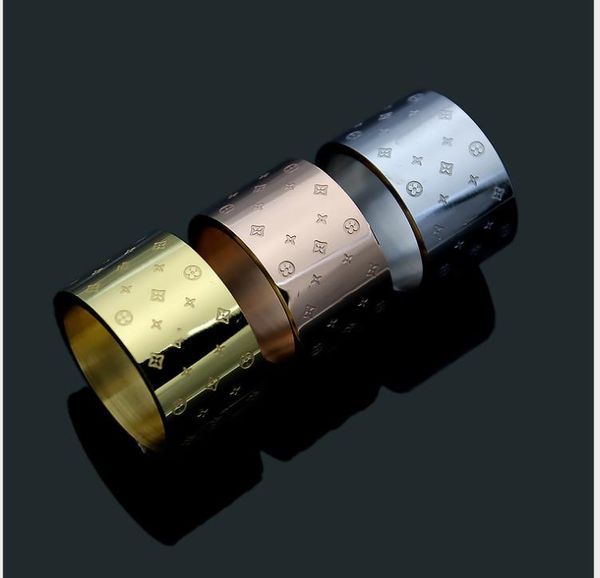 

titanium steel jewelry explosion type wide face printed four leaf flower ring 18k gold ring for men and women, Silver