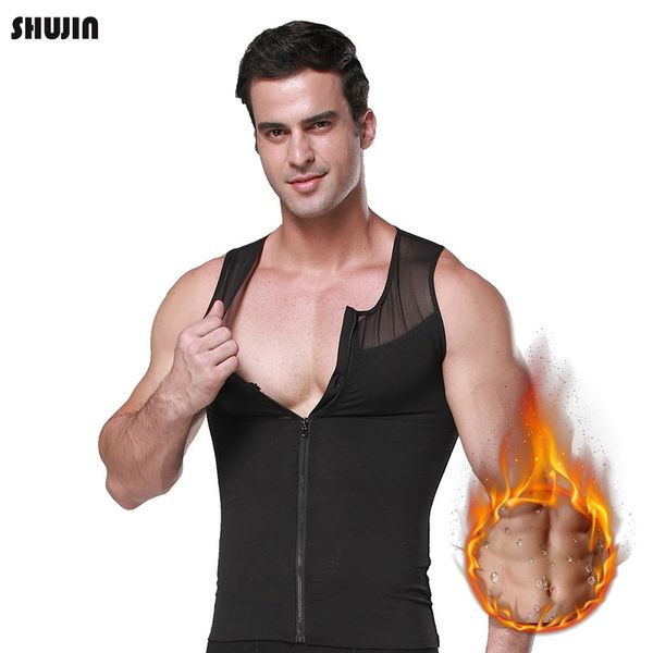 

shujin 2019 zip up waist girdle shirt vest chest compression body shaper men' slim underwear fintness workout shapewear male, White;black