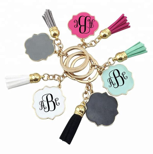

personalized monogram enamel magnolia quatrefoil blank velvet leather tassel bag pendant car key chains for mother day gift, Slivery;golden