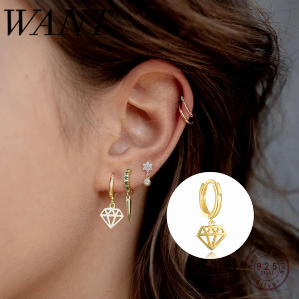 

wanyme trendy creative geometric hanging stud earrings for women genuine 100% 925 sterling silver hollow korean jewelry gift, Golden;silver