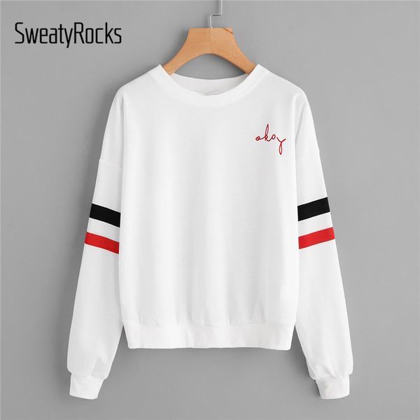

sweatyrocks drop shoulder varsity striped sleeve pullover white long sleeve round neck letter sweatshirt women autumn sweatshirt, Black