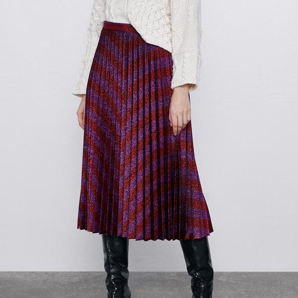 

agong casual loose pleated skirts women fashion striped printed skirt women elegant mid calf skirts female ladies ko, Black