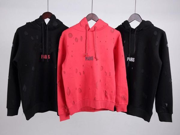 

18ss winter europe france paris american fashion luxury vintage broken hole sweatshirt casual women men hooded hoodies streetwear design, Black