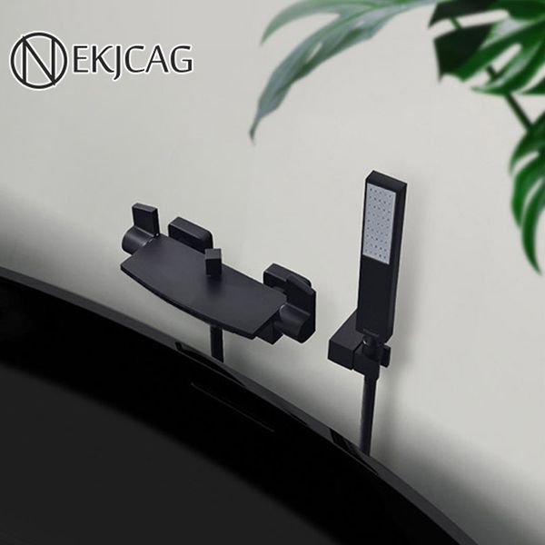 

matte black waterfall bathtub faucet set wall mounted waterfall sprayer bathroom shower faucets cold mixer tap easy install