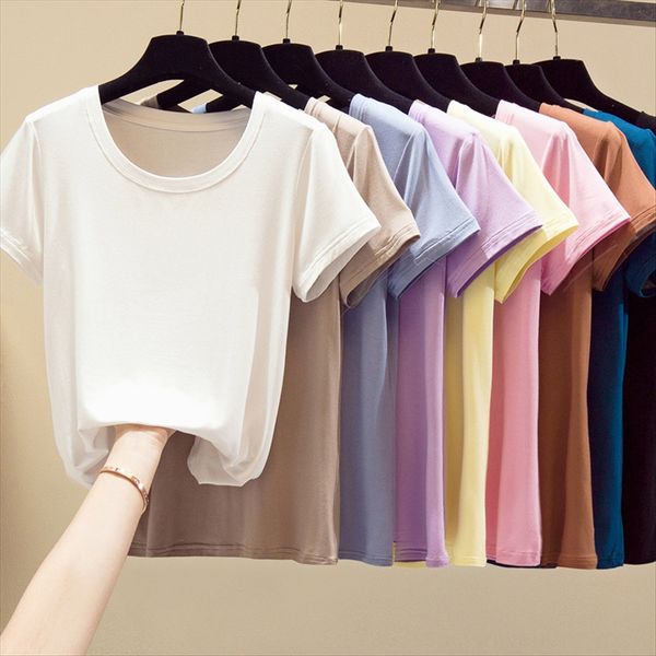 

2020 simple round collar and versatile short-sleeved t-shirt female main push 2020 simple round collar slim and slim versatile short, White