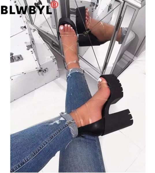 

2020 office spring lace up high heels women fashion high heels square platform sandals party wedding sandalias mujer, Black