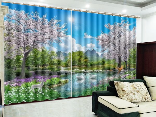 2019 Landscape Scenery Charming Peach Blossom Fantasy Swan Lake 3d Curtains Living Room Bedroom Beautiful Practical Blackout Curtain From Yunlin188