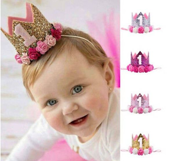 

cool kids baby 1st birthday party hats one print floral sequins glitter crown flower head hair band party hats