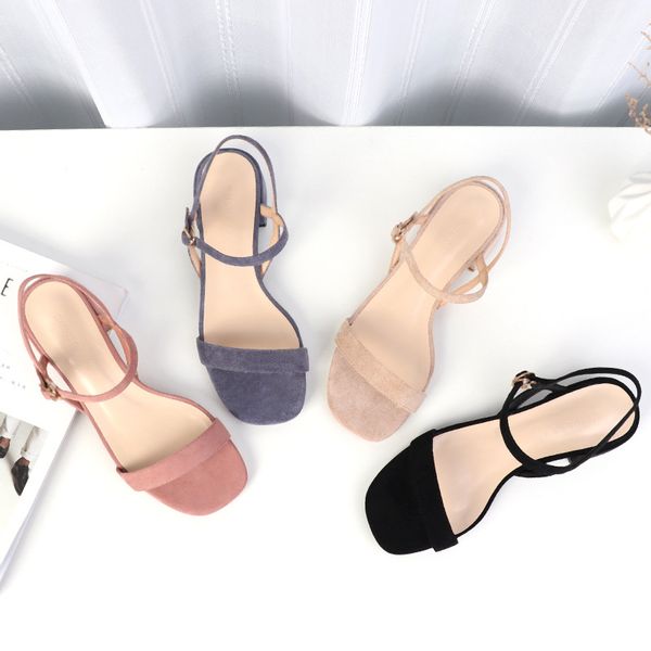 

2020 summer square high heels sandals shoes woman ankle wrap faux suede design wedding sandal office pumps 40, Black