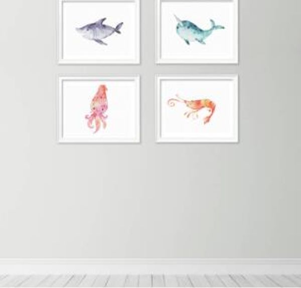 

настенное искусство китовая акула 2020 океан тематический питомник нарвал океан мореходное море холст плакат арт печать акварельная живопись