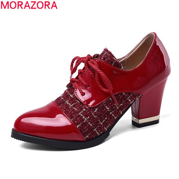 

morazora plus size 33-43 2020 fashion high heels shoes sweet lace up spring women pumps thick heels round toe party shoes, Black